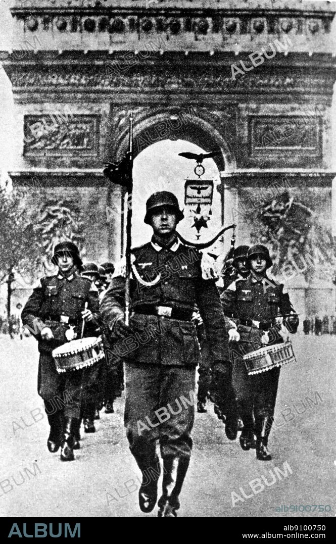 June 1940 German soldiers march through Paris. In 1944 a German General refused to obey Hitler's order to burn Paris to the ground.