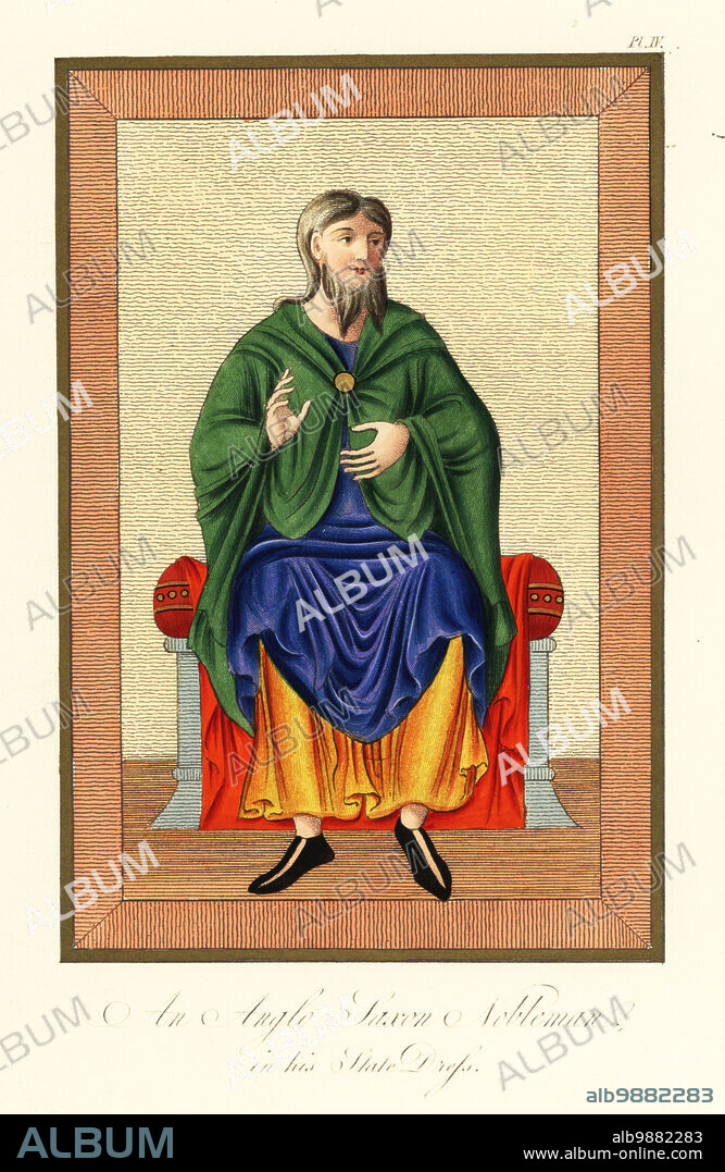Anglo-Saxon nobleman in his state dress, 8th century. With beard, mantle fastened at the chest, surcoat over tunic. From Old English Hexateuch, Cotton MS Claudius B iv. Handcoloured engraving by Joseph Strutt from his Complete View of the Dress and Habits of the People of England, Henry Bohn, London, 1842.
