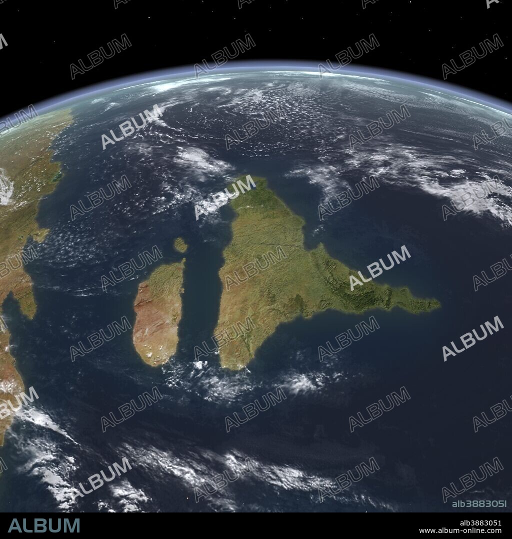 This is how the Indian subcontinent may have appeared 70 million years ago during the Late Cretaceous period. Looking north, immediately to India's west is the island continent of Madagascar and further west is the eastern coast of southern Africa.. . In the distant past India and Madagascar formed a single continent, however India was part of a separate tectonic plate that subsequently began to drift northward. This northward motion (covering about 8 inches per year making it among the fastest on the Earth's lithosphere) split India from Madagascar and carried it north across the Tethys Ocean until it collided with Eurasia about 50 to 35 million years ago. This collision between the Indian and Eurasian plates joined India to South Asia and created the Tibetan Plateau and the Himalaya Mountains, a process which is still evolving to this day.