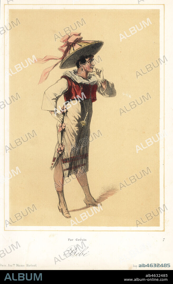 Woman in costume as Bebe designed by the caricaturist Alfred Grevin. Handcoloured lithograph by published by Martinet, Paris, 1880s.
