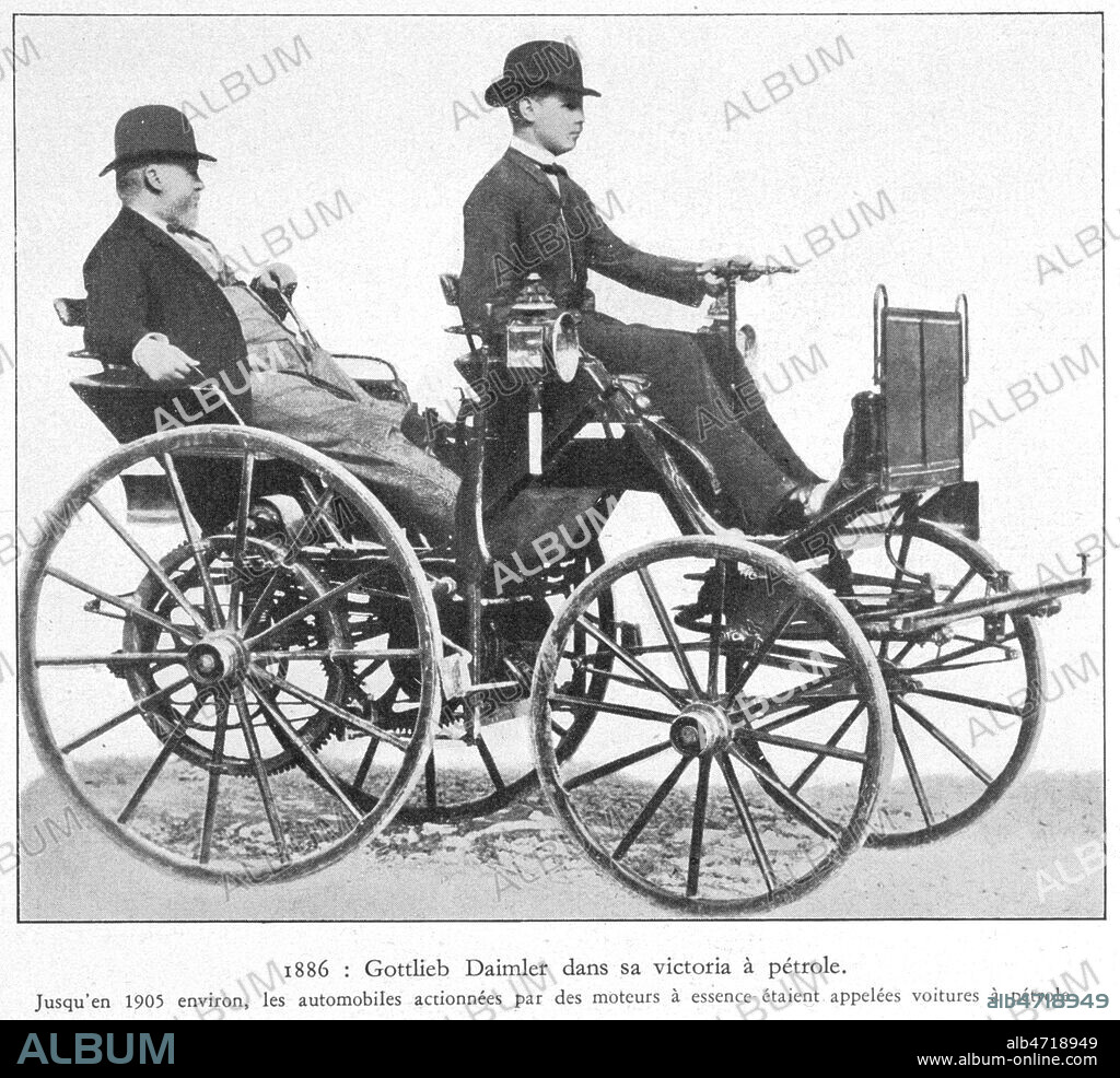 '1886 : Gottlieb DAIMLER (1834-1900) dans sa victoria a petrole. Jusqu'en 1905 environ, les automobiles actionnees par des moteurs a essence etaient appelees voitures a petrole'. Credit : Collection KHARBINE-TAPABOR.