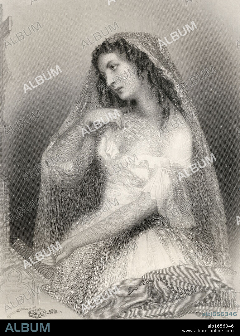 Louise Francoise de La Baume de La Blanc, Duchesse de la Valliere, 1644-1710. Mistress to King Louis XIV of France from 1661-1667. Engraved by W. Holl after G Staal. From the book "World Noted Women" by Mary Cowden Clarke, published 1858.