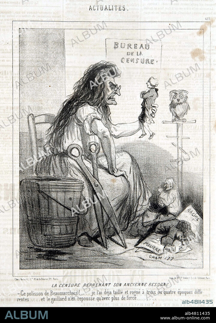 La censure reprenant son ancienne besogne. Ce polisson de BEAUMARCHAIS! je l'ai deja taile et rogne a trois ou quatre epoques differentes... et le gaillard n'en repousse qu'avec plus de force. Caricature de CHAM (1819-1879) pour Le Charivari du 14 septembre 1850. Credit : Collection Grob/Kharbine-Tapabor.