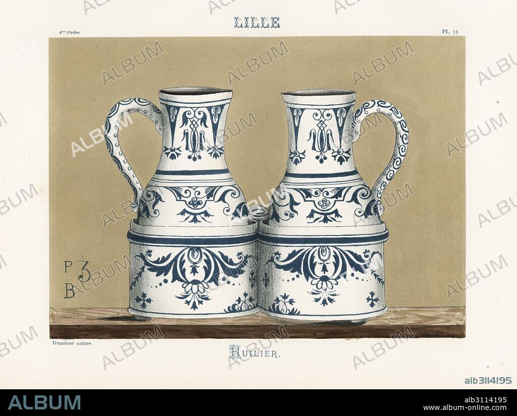 Cruet set of oil and vinegar jugs from Lille. Hand-finished chromolithograph from Ris Paquot's General History of Ancient French and Foreign Glazed Pottery, Chez l'Auteur, Paris, 1874.