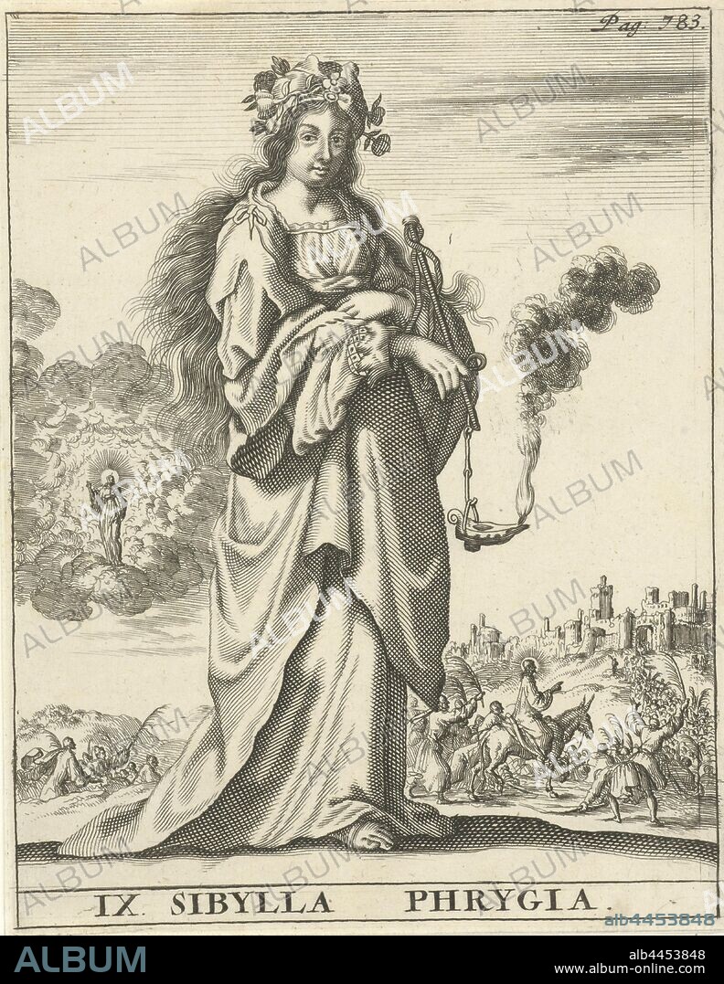 Phrygian Sibyl Sibylla Phrygia (title on object), Phrygian Sibyl. In the background the representation of Christ's appearance and the Entry into Jerusalem. Print top right: Pag: 783, sibyls (with NAME), (adult) Christ appearing to mortals, entry into Jerusalem: people spreading their clothes before Christ on the ass, and waving palm branches (Matthew 21: 1-11, 21: 14-16, Mark 11: 1-11, Luke 19: 28-40, John 12: 12-19), Jan Luyken, Amsterdam, 1684, paper, etching, h 171 mm × w 133 mm.