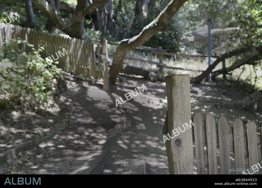 Fence on the San Andreas Fault that was split apart by the 1906 earthquake, Point Reyes National Seashore, California.
