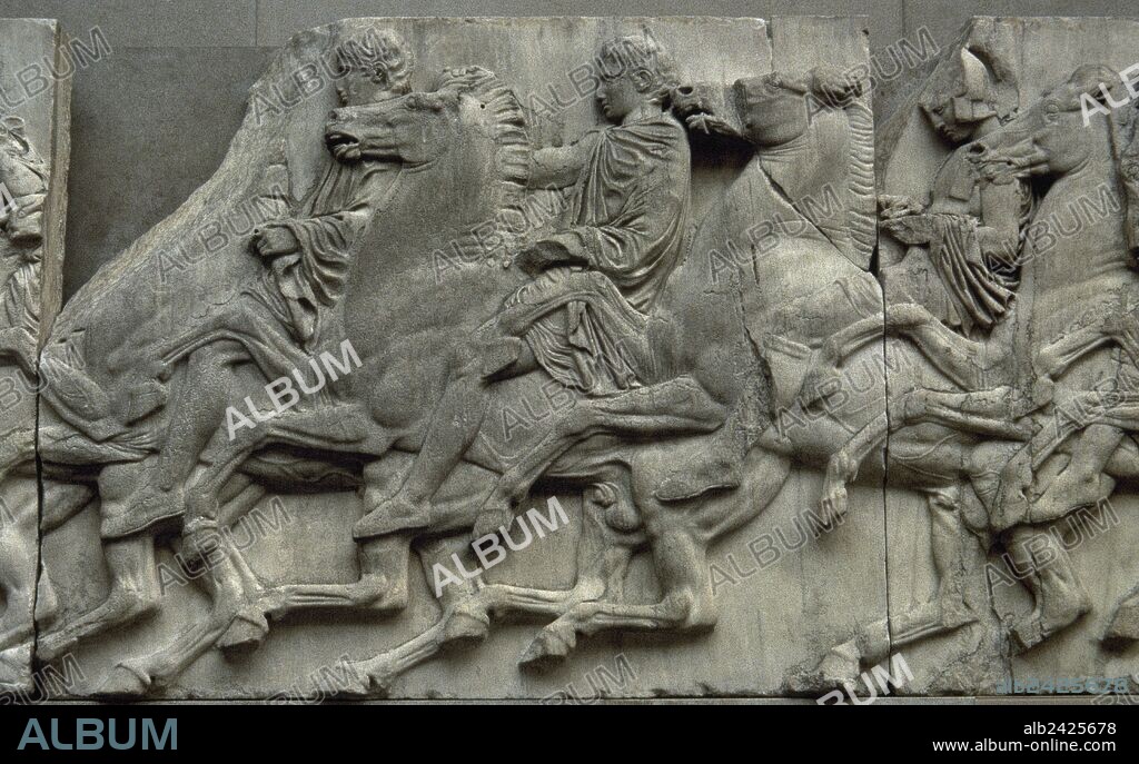 Slab of the North frieze of the Parthenon of Athens. Relief depicting three riders in the Procession of the Panathenaic festival, the commemoration of the birthday of Goddess Athena. 438-432 BC. Probably by Phidias (490-432 BC), or one of his disciples. Marble. From Acropolis of Athens (Greece). British Museum. London, England, United Kingdom.