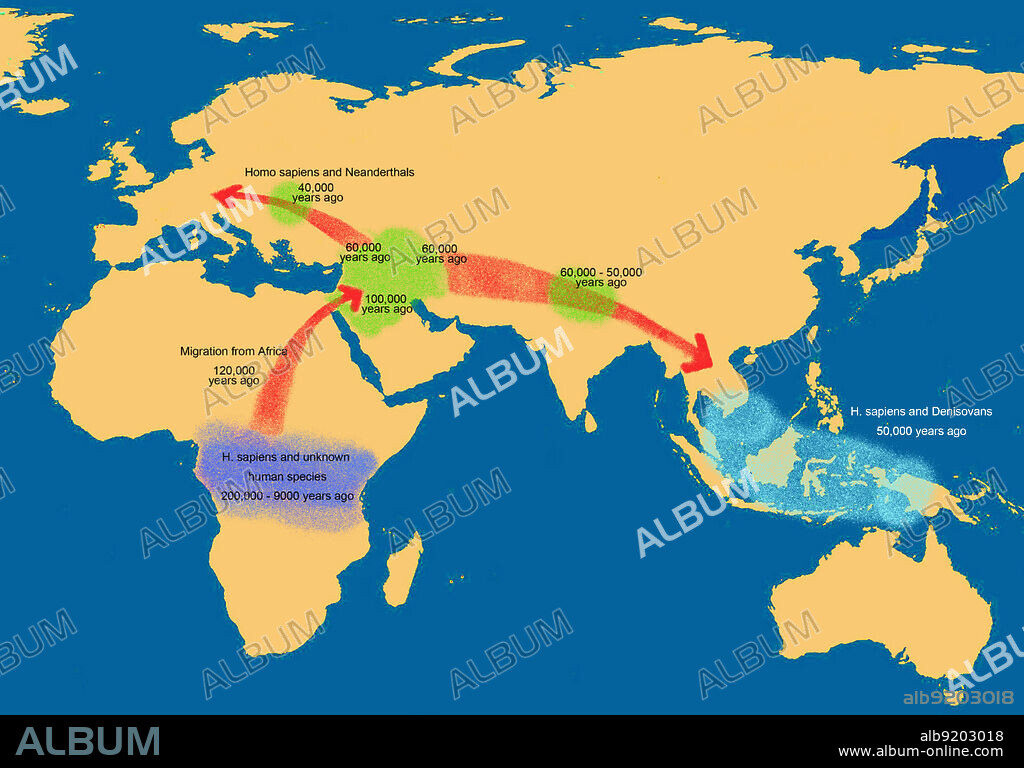 A map showing prehistoric human migration from Africa 120,00 years ago into the Middle East, Asia, Southeast Asia, and Europe.