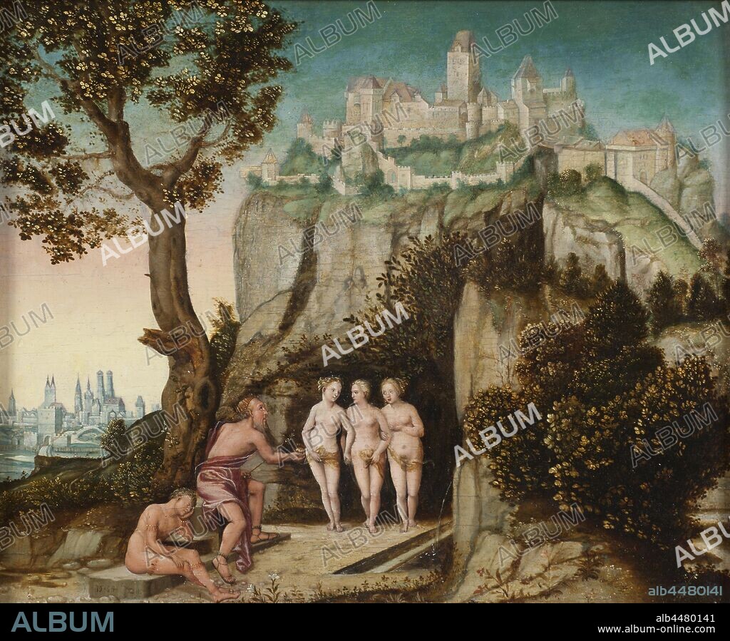 Hans Schöpfer (I), The Judgment of Paris, Paris, painting, oil on panel, Height, 32 cm (12.5 inches), Width, 41 cm (16.1 inches), Signed, 15:34, .., HS.