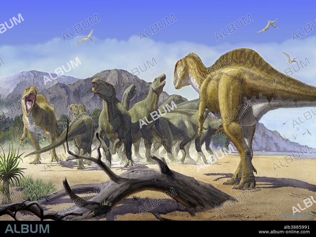 A couple of predator Altispinax dunkeri dinosaurs attack a group of Iguanodon.