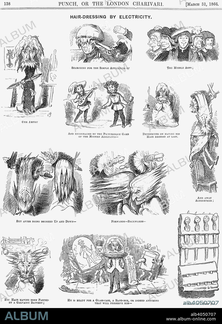 'Hair-Dressing by Electricity', 1866. At the top a man is having a bowl cut  in order to achieve the medieval look. A scruffy, hairy artist is depicted in the top left corner, and through a process of having his hair brushed this way and that, emerges with a glass case over head to protect his new look. A topical look at the art of gentlemen's hairdressing, especially techniques which involved the use of the latest technology. From Punch, or the London Charivari, March 31, 1866.