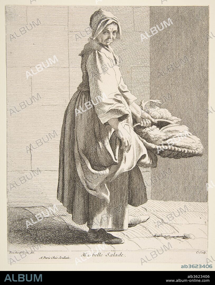 COMTE DE CAYLUS ANNE CLAUDE PHILIPPE DE TUBIÈRES and AFTER EDME BOUCHARDON. Lettuce Seller. Artist: Anne Claude Philippe de Tubières, comte de Caylus (French, Paris 1692-1765 Paris); After Edme Bouchardon (French, Chaumont 1698-1762 Paris). Dimensions: Sheet: 9 7/16 x 7 3/8 in. (24 x 18.8 cm)
Image: 9 x 7 3/8 in. (22.8 x 18.8 cm). Series/Portfolio: Cries of Paris: Fourth Set
(Études Prises dans le Bas Peuple où les Cris de Paris: Quatrième Suite). Date: 1742.