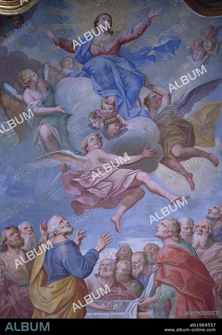 Assumption of Mary, fresco by Giuseppe Mattia Borgnis (1701-1761), 1740, Parish Church of the Assumption, Santa Maria Maggiore. Italy, 18th century.