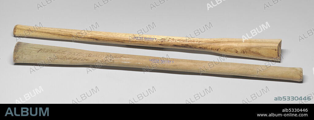 The wooden stick has printed type in blue ink that reads: [LESTER MADDOX'S / PICKRICK DRUMSTICK]. A note written to Media Access Project by hand in black ink is featured on one side of the object. Lester Garfield Maddox Sr. refused to serve Black customers in his Atlanta restaurant, the Pickrick, in violation of the Civil Rights Act of 1964. Nevertheless he served as the 75th Governor of the U.S. state of Georgia from 1967 to 1971.