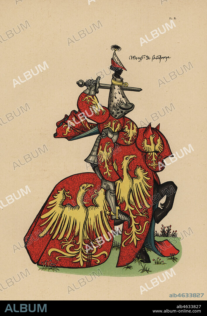 Guillaume de Vienne, William of Vienna, counsellor and chamberlain to the king of France and Philip the Good, 1361-1437. Chromolithograph from Loredan Larchey's Ancien Armorial Equestre de la Toison d'Or et de l'Europe au 15e siecle (Ancient Equestrian Armorials of the Order of the Golden Fleece and Europe in the 15th century), Paris, 1890. From illustrated manuscript 4790 in the Bibliotheque de l'Arsenal.