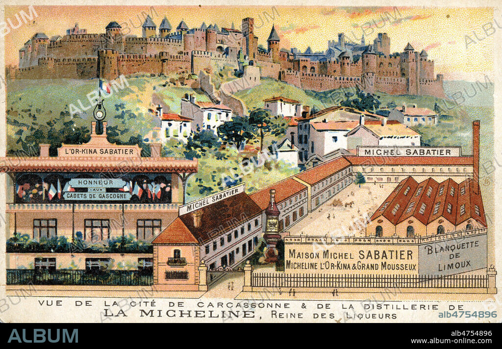 'Vue de la cite de Carcassonne et de la distillerie de La Micheline, reine des liqueurs'. Carte publicitaire vers 1900. Illustration anonyme. Credit : Collection IM/KHARBINE-TAPABOR.