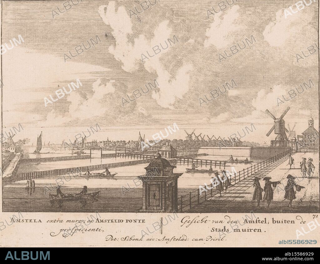 View of the Hogesluis and the Amstel, with the Weesperzijde and the Utrechtsepoort, Amstela extra muros; ex Amstelio ponte prospicienti, View of the Amstel outside the City Walls (title on object), Quadruple spectacle of wonders (series title), Admirandorum Quadruplex Spectaculum (series title), Numbered bottom right: 71., print, print maker: Jan van Call (I), publisher: Pieter Schenk (I), (mentioned on object), Staten van Holland en West-Friesland, (mentioned on object), Amsterdam, 1694 - 1697, paper, etching, height, 130 mm × width, 170 mm.