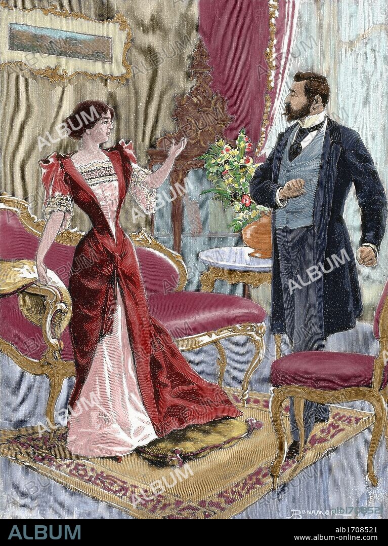 Bourgeoisie. Gentleman with a lady in the living room. Colored engraving. 1897.