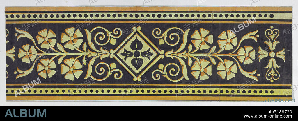 Design for a Woven Border, Pen and black ink, brush and wash, graphite on paper, Plants grow horizontally beside the lateral points of a lozenge containing two spade leaves and two calyxes growing from a bead. Motif is to alternate with another consisting of four calyxes surrounding a bead. Heart motifs grow from the upper and lower calyxes. Upper and lower framing stripes, one with row of beads., France, ca. 1810, textile designs, Drawing, Drawing.