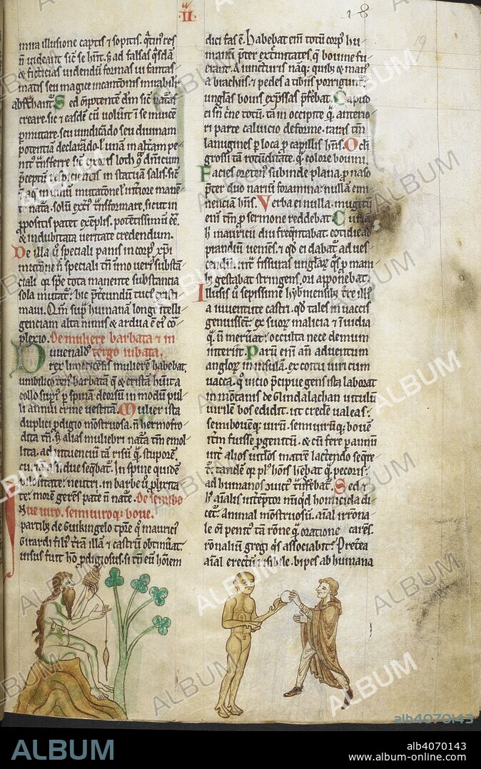 GERALD OF WALES. Miniature of the naked bearded woman of Limerick seated on a rock with a spindle, near the naked man-ox of Wicklow, who is being given a round object by another man. Topographia Hiberniae, Expugnatio Hibernica, Itinerarium Kambriae; De purgatorio sancti Patrici, Excerpts from the Chronicle of Eusebius of Caesarea. England, N. (Lincoln?); c. 1196-c. 1223. Source: Royal 13 B. VIII, f.19. Language: Latin.