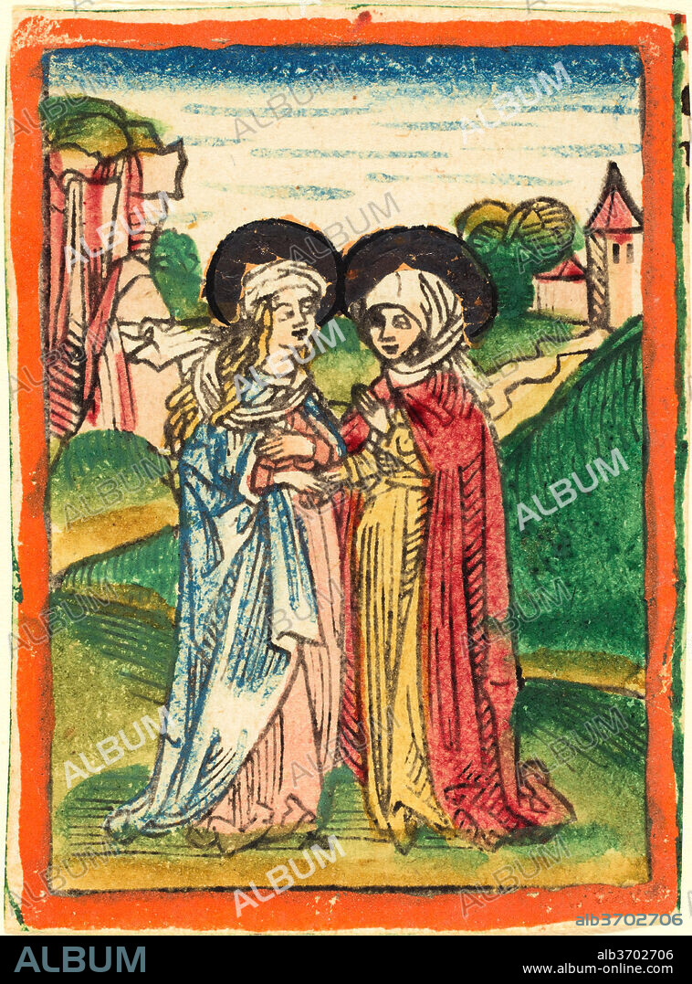 GERMAN 15TH CENTURY. The Visitation. Dated: c. 1480/1490. Medium: woodcut in dark brown, hand-colored in red, yellow, green, lt. blue, pink, blue, gold, orange.