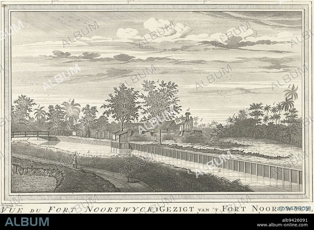 View of a country road with the fortification of Noordwijk with a bell tower in the background Fort Noordwijk was situated in Jakarta, View of Fort Noordwijk in Jakarta Vue Du Fort Noortwyck en venant de Jacatra View from 't Fort Noortwyck as one comes from Jacatra , Jacob van der Schley, (mentioned on object), publisher: Pieter de Hondt, Amsterdam, publisher: The Hague, 1747 - 1779, paper, etching, engraving, h 208 mm × w 294 mm.