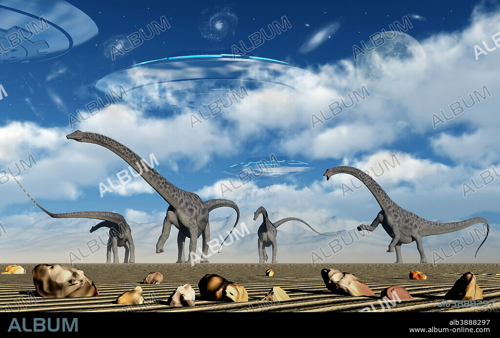 Huge interplanetary arks delivering or collecting giant Omeisaurus sauropod dinosaurs during Earth's ancient Jurassic Era.