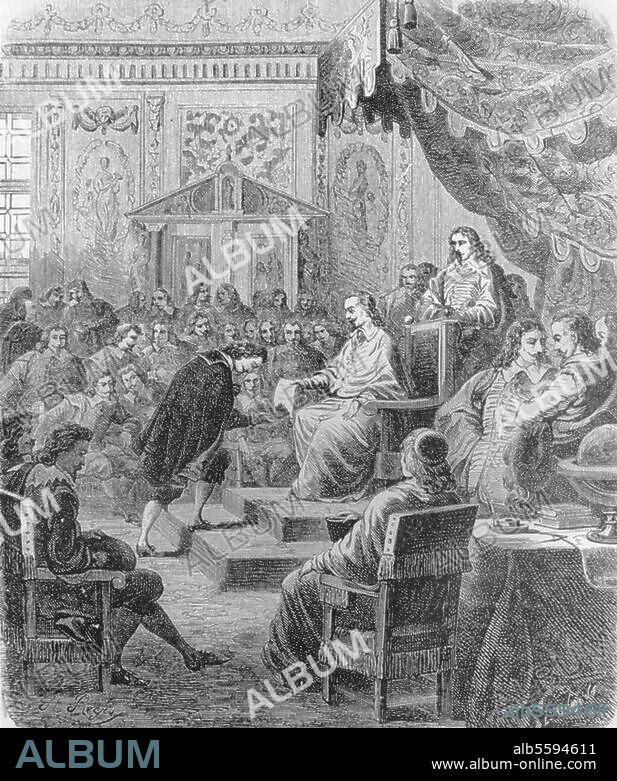 Paris (Frankreich), Académie Française. - "Installation de l'Académie Française par Richelieu" (Paris, 2. Jan. 1635; Kardinal Richelieu gründet die Académie Française). Holzstich nach Zeichnung von Augustin Régis (1813-1880). Aus: Histoire populaire de France, Paris (Charles Lahure) 1863.