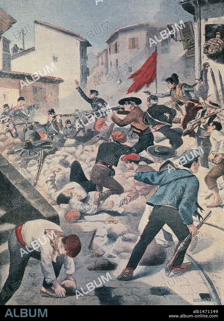 MOVIMIENTO OBRERO. HISTORIA DE CATALUÑA. "Disturbios durante la HUELGA GENERAL DEL TEXTIL DE BARCELONA, en febrero del año 1902, promovida por agrupaciones de anarquistas y movimientos obreros, debido a su importante industria textil" Suplemento ilustrado del "Petit Journal".