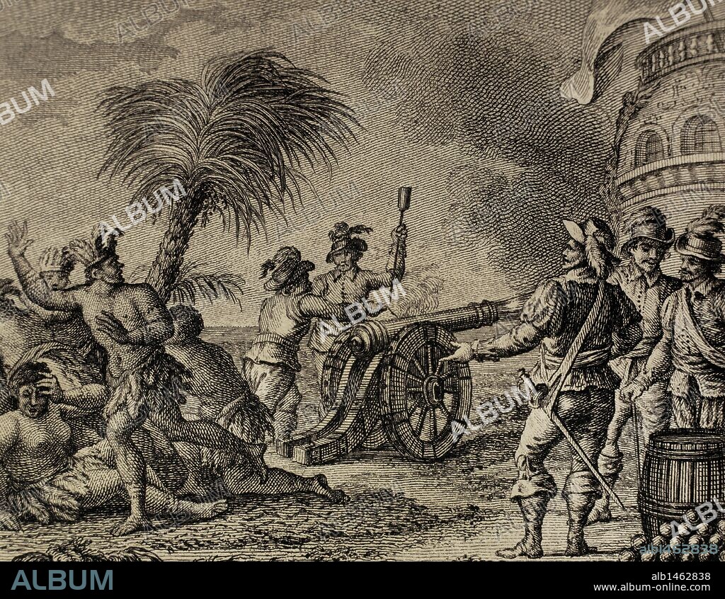 HISTORIA DE AMERICA DEL SUR. SIGLO XVII. "TIERRA DE FUEGO". El monarca de los nativos de la isla de Hornos, junto a los holandeses Willem Corneliszoon Schouten y Jacobo Le Maire, se sorprende ante el disparo de un cañón. Grabado del año 1807.