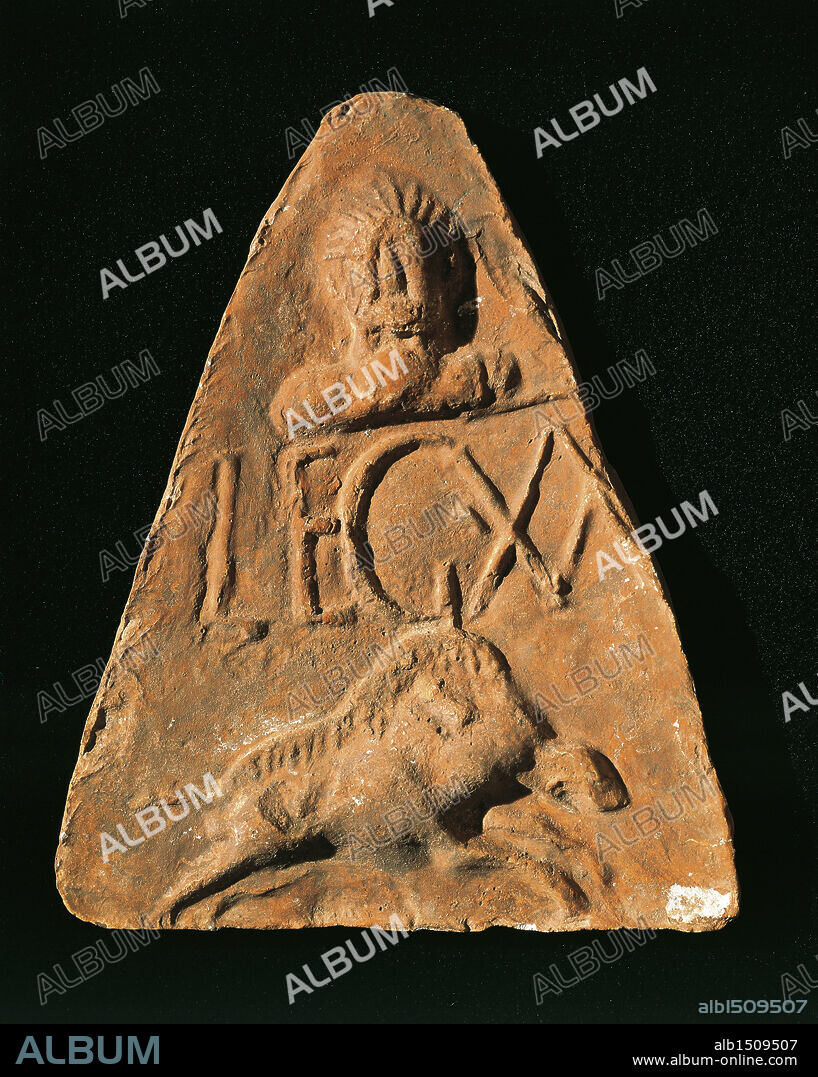 Roman civilization. Triangular antefix with mark of Roman Legion XX Valeria Victrix.