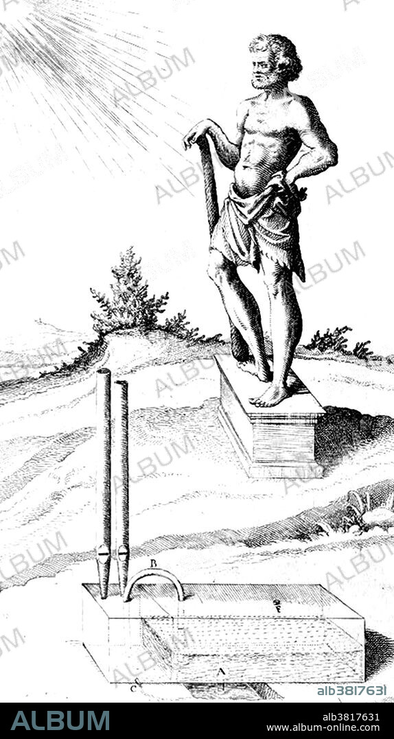 Engraving entitled: Garden monument when heated by the sun brings water to a boil generating steam which causes sound to issue from pipes like an organ; shows statue, possibly of Hero of Alexandria. Hero (or Heron) of Alexandria (10-70 AD) was an ancient Greek mathematician and engineer from Alexandria, Roman Egypt. His work is representative of the Hellenistic scientific tradition and he is often called, the greatest experimenter of antiquity. Hero published a description of a steam-powered device called an aeolipile (rocket style jet engine which spins when heated). Among his most famous inventions was a windwheel, constituting the earliest instance of wind harnessing on land. He is said to have been a follower of the Atomists. Atomism is a natural philosophy. They theorized that the natural world consists of two fundamental parts: indivisible atoms and empty void. Much of Hero's original writings and designs have been lost, but some of his works were preserved in Arab manuscripts.