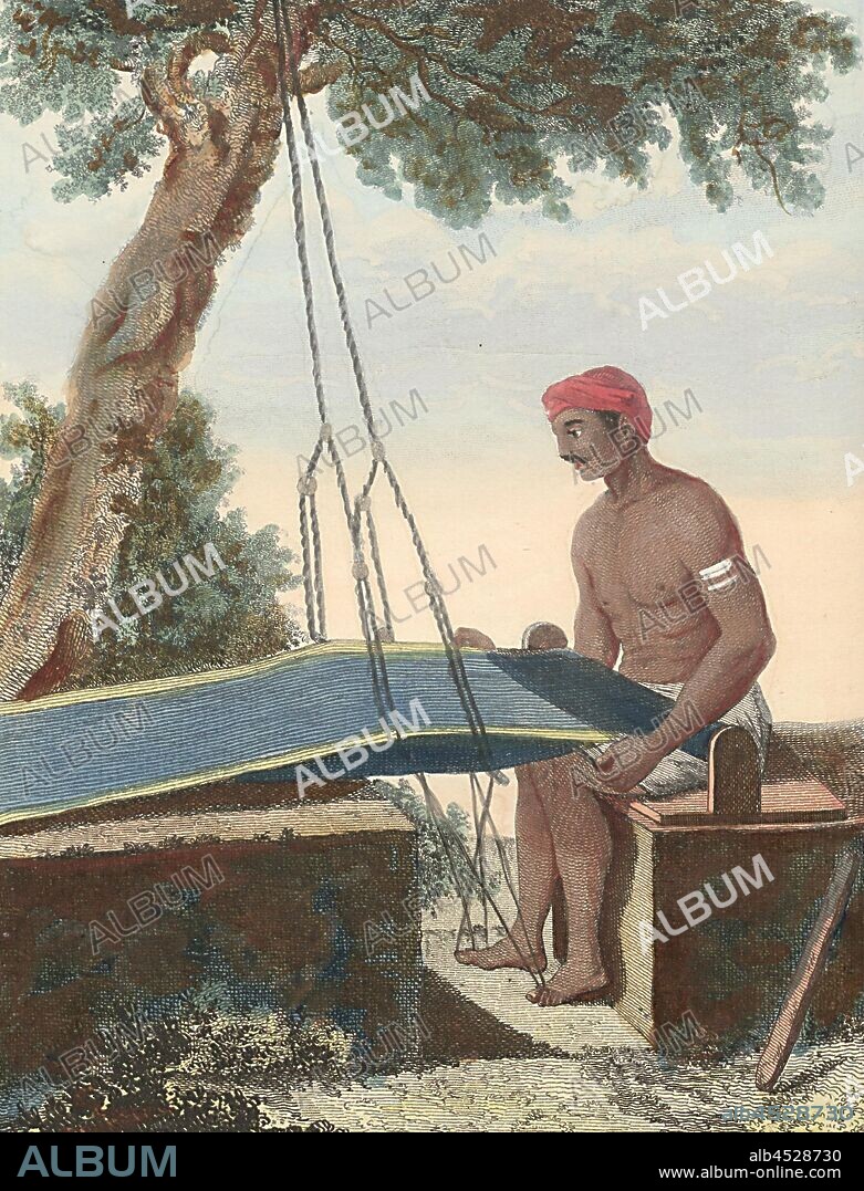 Tisseran, An Indian weaver at work, Signed: P. Sonnerat pinx, Poisson sc, Pl. 22, before p. 105 (vol. 1), Sonnerat, Pierre M. (pinx.); Poisson, Jean-Baptiste Marie (sculp.), 1782, Sonnerat, Pierre: Voyages aux Indes orientales et a la Chine. fait par ordre du Roi depuis 1774 jusqu'en 1781: dans lequel on traite des moeurs, de la religion, des sciences & des arts des Indiens, des Chinois, des Pégouins & des Madégasses (...). Paris: chez l'auteur: chez Froulé: chez Nyon ..., 1782.