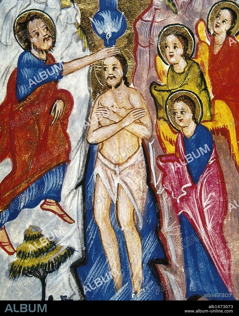 'BAUTISMO DE JESUS POR SAN JUAN BAUSTISTA Y LA LLEGADA DEL ESPIRITU SANTO, EN FORMA DE PALOMA". Miniatura del siglo XV. Museo Condé. Castillo de Chantilly. Francia.