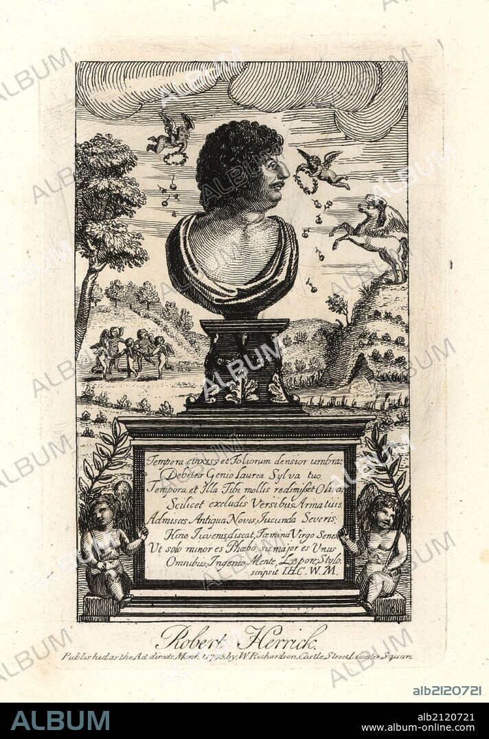 Robert Herrick, 17th century English poet. Bust portrait from a rare print by W. Marshal from his "Hesperides" 1748. Author of the famous line "Gather ye rosebuds while ye may." Copperplate engraving from Richardson's "Portraits illustrating Granger's Biographical History of England," London, 1792–1812. Published by William Richardson, printseller, London. James Granger (1723–1776) was an English clergyman, biographer, and print collector.