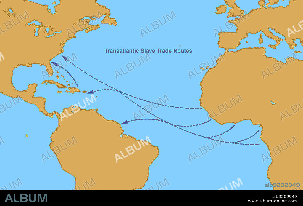 A map showing the routes of ships bringing African slaves to South America, the Caribbean, and North America. These slave traders transported roughly 12 million enslaved Africans, mainly purchased from local West African leaders, across the Atlantic from the 16th to the 19th century. The major Atlantic slave trading nations, ordered by trade volume, were: the Portuguese, the British, the French, the Spanish, and the Dutch Empires.