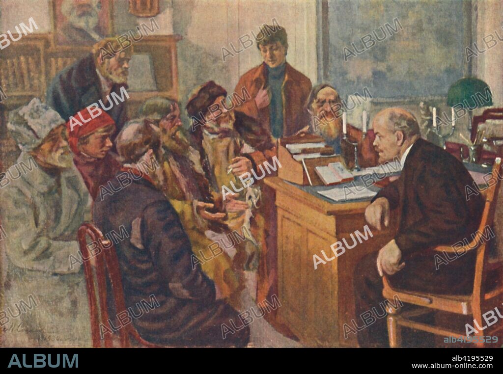 'Lenin Talking To Peasants', (1939). Russian communist revolutionary Vladimir Ilich Lenin (1870-1924) meeting poor peasants who suffered under the oppressive Tsarist system. Lenin was the first Soviet head of state, prime minister of the USSR, and founder of the Bolsheviks. From Stalin on Lenin. [Foreign Languages Publishing House, Moscow, 1939].