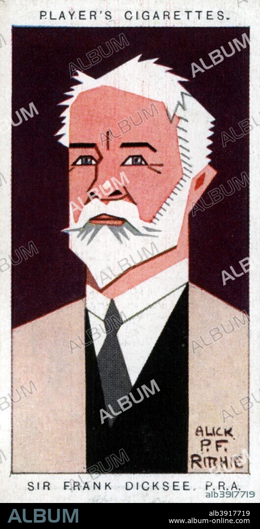 Sir Francis Bernard Dicksee, British painter, 1926. Portrait of Frank Dicksee (1853-1928). Cigarette card with straight-line caricature, issued by John Player & Sons.