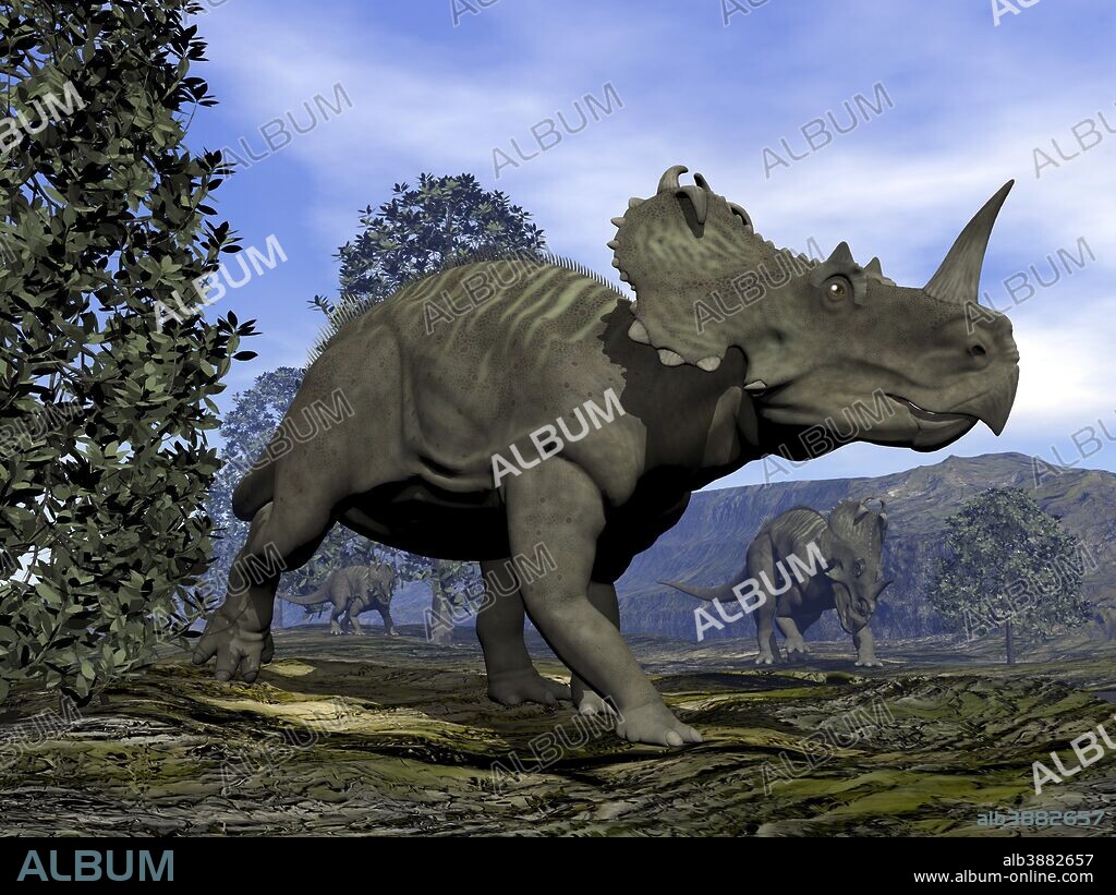 Centrosaurus dinosaurs walking amongst magnolia trees.