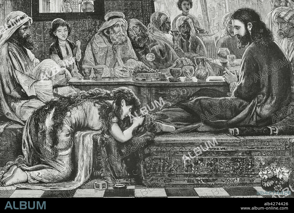 Nuevo Testamento. Jesús en la casa del fariseo. Grabado a partir de un cuadro de W. Lawson. La Ilustración Española y Americana, 22 de marzo de 1882.