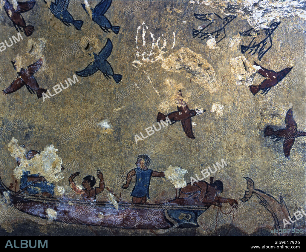 Tomb of hunting and fishing. Fresco depicting men in a fishing boat and birds flying, from Tarquinia.