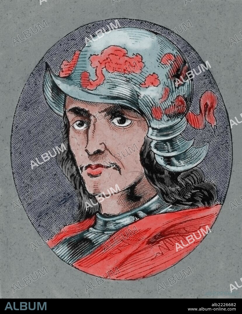ENRIQUE III "el Doliente" (1390-1407). Hijo de Juan I y de Leonor de Aragón. Casado a temprana edad con Catalina de Lancaster. Enfermó y murió dejando sucesor a Juan II. Grabado coloreado.