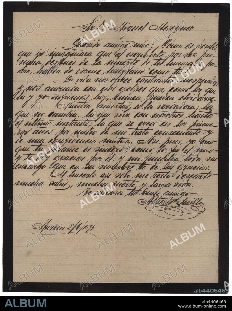 Carta con orla negra en señal de duelo comunicando el fallecimiento de un familiar. Murcia, junio de 1899.