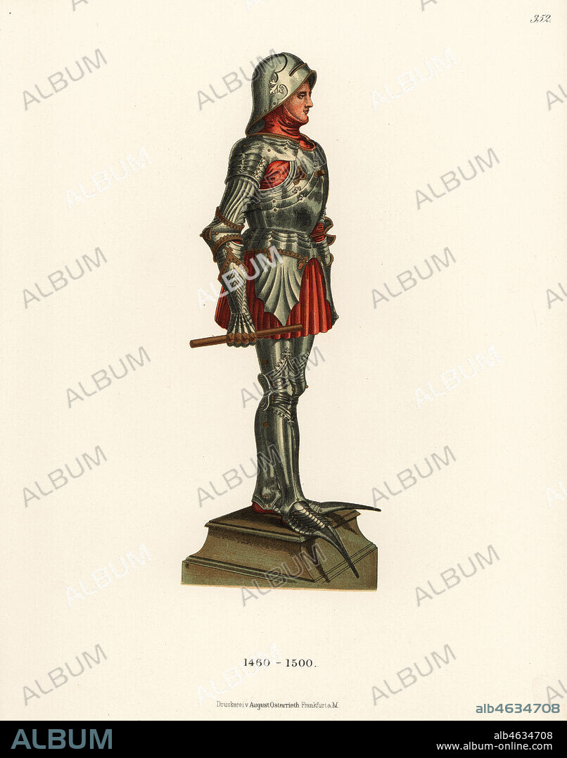 German suit of armour from the late 15th century. Salade or sallet helmet, three-piece breastplate or Harnische-Schmiede Plattner, engraved and jointed arm and leg armour, long crakow sabatons. From an original suit of armour in Vienna Arsenal. Chromolithograph from Hefner-Alteneck's Costumes, Artworks and Appliances from the Middle Ages to the 17th Century, Frankfurt, 1889. Illustration by Dr. Jakob Heinrich von Hefner-Alteneck, lithographed by C. Regnier. Dr. Hefner-Alteneck (1811 - 1903) was a German museum curator, archaeologist, art historian, illustrator and etcher.
