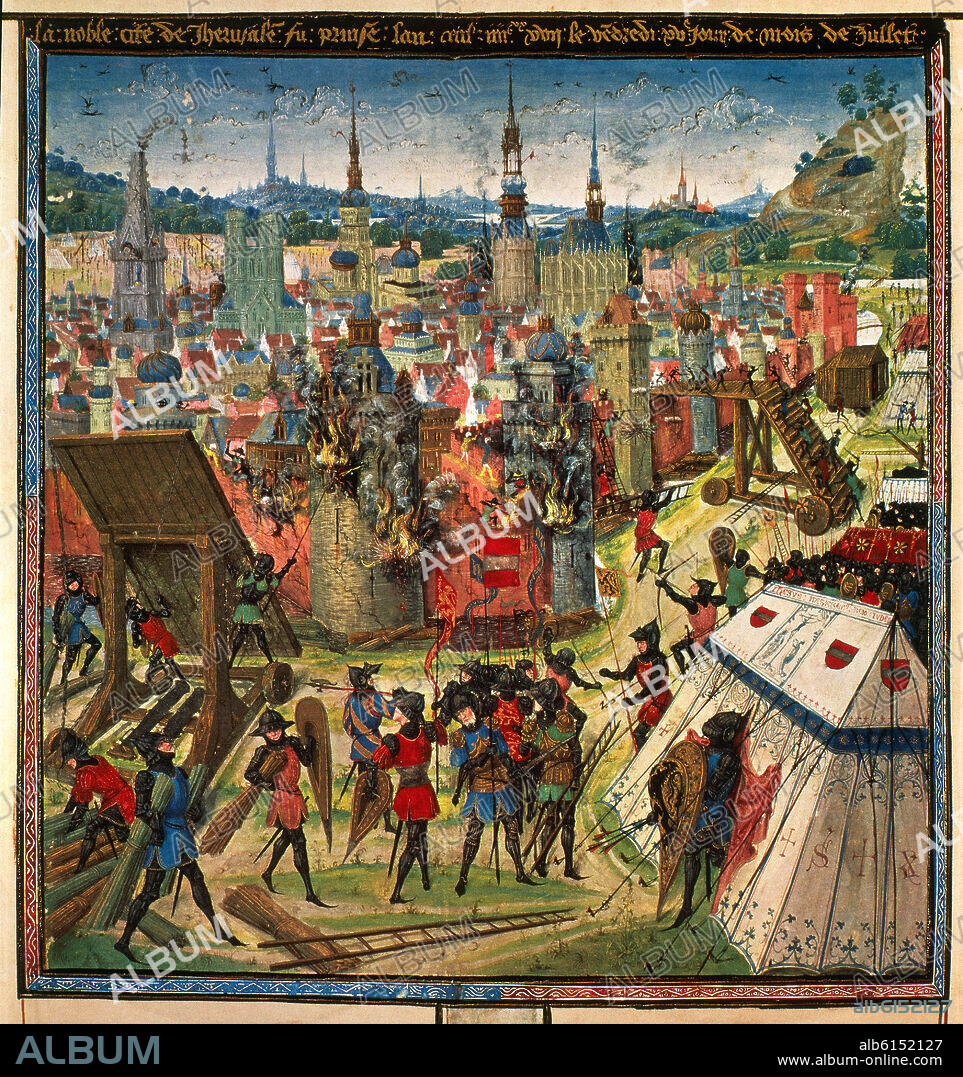 DREUX JEAN. CRONICAS DE LAS CRUZADAS - JERUSALEM TOMADA POR BARONES FRANCESES - MINIATURA DEL SIGLO XV.
