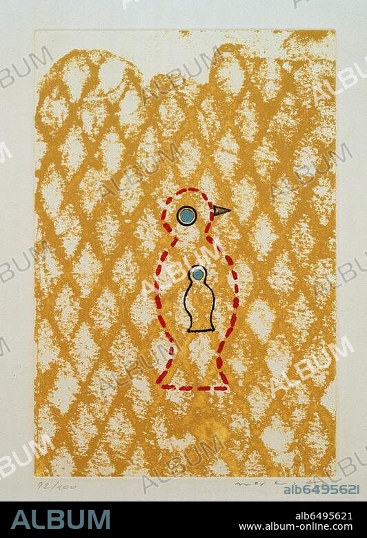 MAX ERNST. Ernst, Max; 1891-1976. "Oiseau" (Vogel), 1971. Aquatinta-Radierung in Schwarz, Gelb und Rot, mit Aquarellierung in Blau, auf Vélin de Lana, Abbildung 28,6 x 19,5 cm, Blatt 56,5 x 37 cm. Drucker: Georges Visat, Paris. Edition: Georges Visat, Paris. Inv.Nr. F-B-S 165.P.