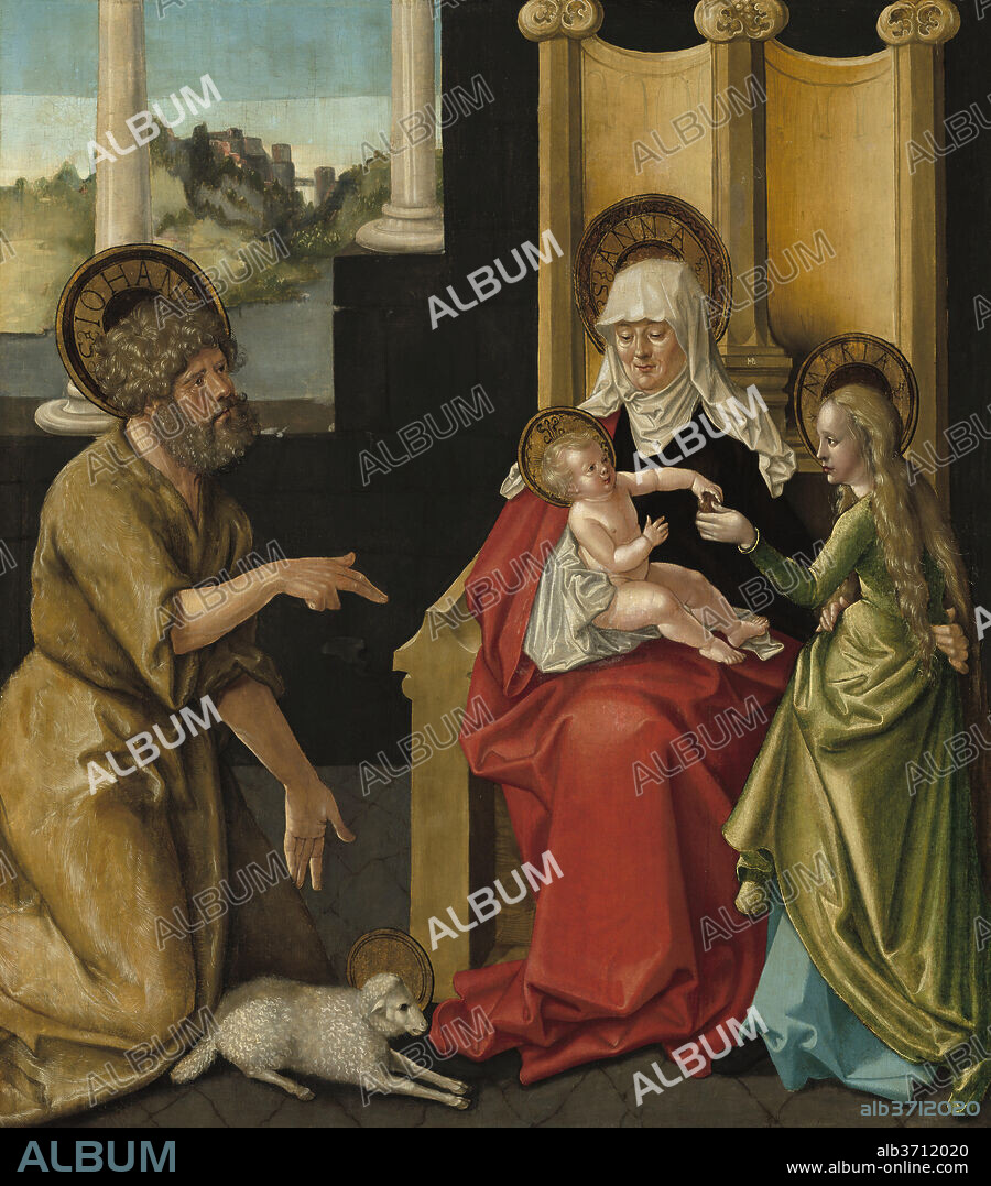 HANS BALDUNG GRIEN. Saint Anne with the Christ Child, the Virgin, and Saint John the Baptist. Dated: c. 1511. Dimensions: painted surface: 87 x 75 cm (34 1/4 x 29 1/2 in.)  support: 89 x 77.6 cm (35 1/16 x 30 9/16 in.)  framed: 110.5 x 100 x 7 cm (43 1/2 x 39 3/8 x 2 3/4 in.). Medium: oil on hardboard transferred from panel.