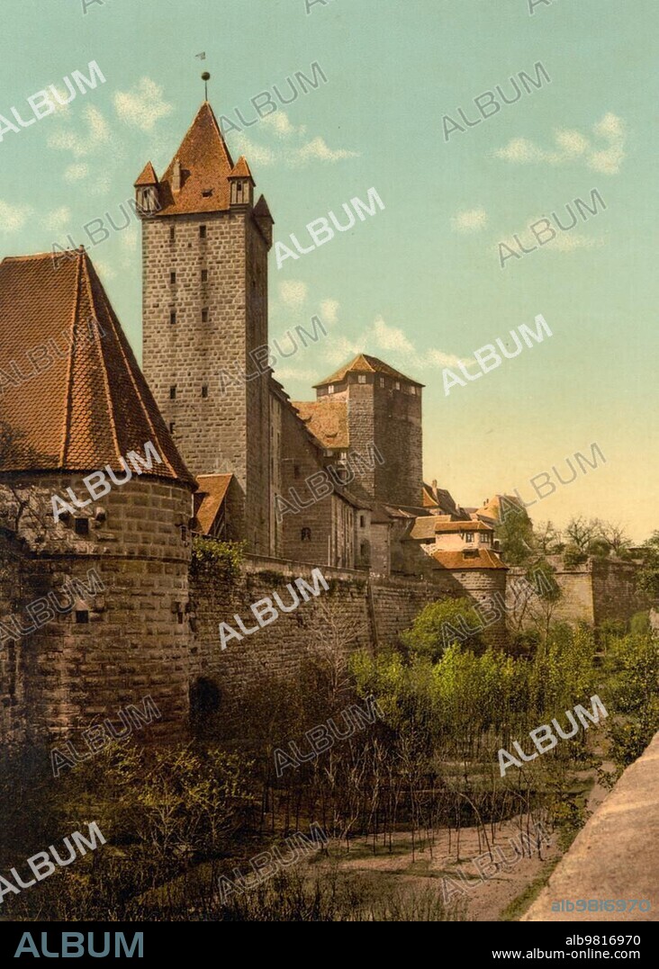 The Luginsland Tower in Nuremberg, Bavaria, Germany, Historic, digitally restored reproduction of a photochrome print from the 1890s