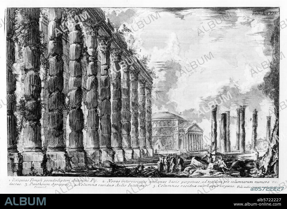Rom - Roma (Italien), Hadrianstempel - Hadrianeum (erbaut unter Antoninus Pius 145 n. Chr.). "Reliquiae Templi pseudodipteri Antonini Pii (..) ". (Darstellung der antiken Bausubstanz ohne die späere Überbauung; hinten das Pantheon). Radierung von Giovanni Battista Piranesi. (1720-78). Aus: Campus Martius antiquae urbis..., Rom 1762, Tf. XXXIV.