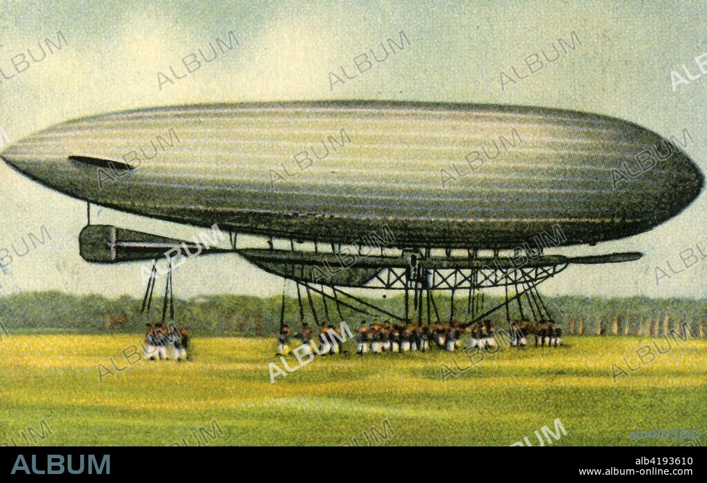 Gross-Basenach M I military airship, 1908, (1932). First military airship in the Groß-Basenach series of five M-class German military semi-rigid airships constructed by balloonist Nikolaus Basenach and German balloonist and airship constructor Major Hans Georg Friedrich Groß (1860-1924) of the Royal Prussian Airship Battalion, between 1907 and 1914. Capacity: 5000 cubic metres, length: 65.5 metres; diameter 11.1 metres, with two Körting engines, each 75 horse power, built by the Luftschiffer-Bataillon in Berlin Tegel. On 21 September 1908 the M I set a flight endurance record of over 13 hours. Maximum speed: 47 kilometres per hour (29 mph). From "Die Eroberung Der Luft", (The Conquest of the Air), cigarette card album produced by the Garbáty cigarette factory, 1932. Eugene and Moritz Garbáty, who were Jewish, were driven out of business by the Nazis in the late 1930s, and forced to sell their factory which lay empty for over 70 years. [Garbaty Cigarettenfabrik, Berlin-Pankow, 1932].